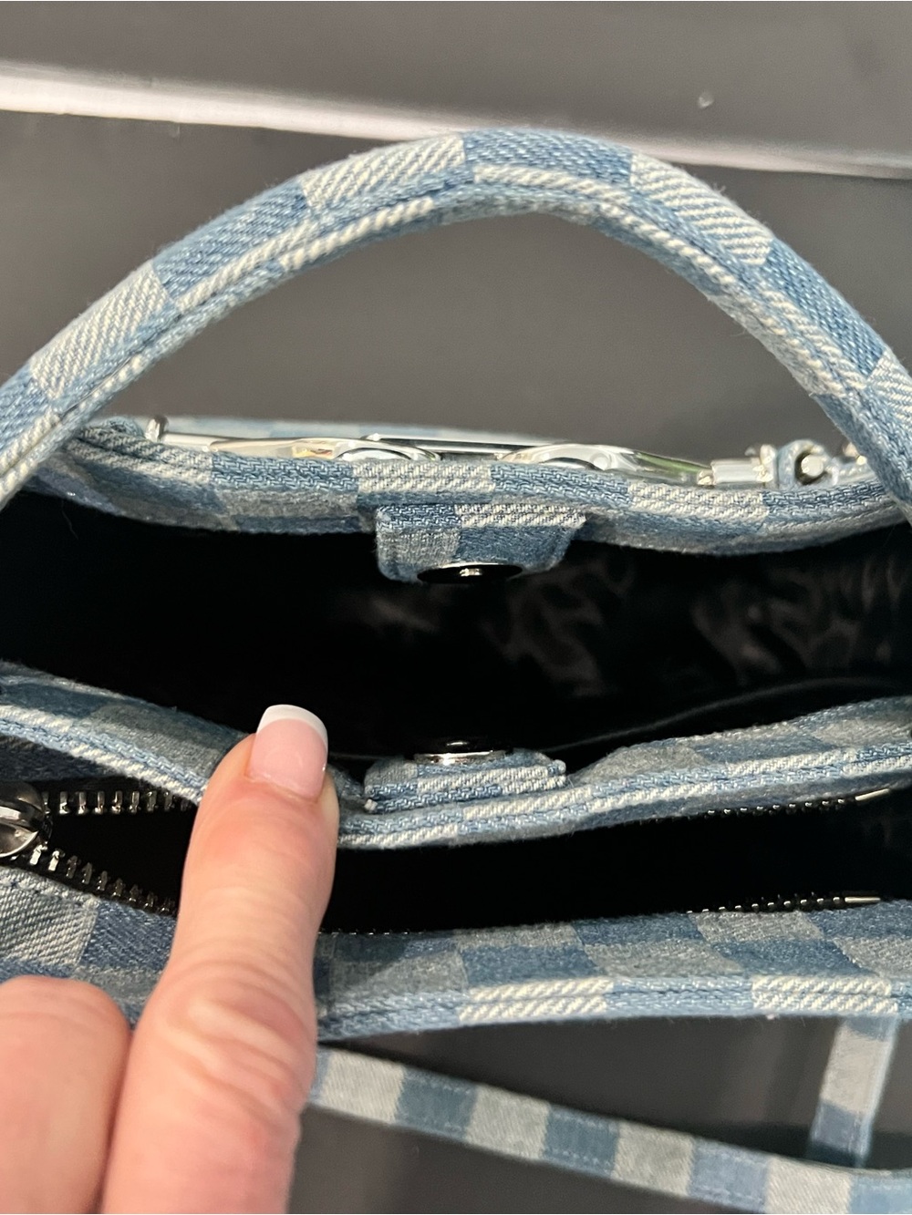Rebecca Minkoff Light and Medium Blue Checker Denim Satchel - Picture 5 of 11